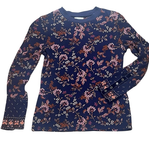 Sundance Waffle Knit Top Large Velvet Cuff Purple Floral Thermal Boho Prairie - Picture 12 of 12